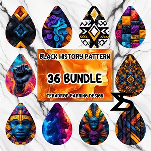 May include: A collection of teardrop-shaped earring designs with diverse patterns and colors. The designs include geometric shapes, abstract art, and portraits. The image also features text that reads "BLACK HISTORY PATTERN 36 BUNDLE TERADROP EARRING DESIGN."