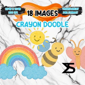 Puede incluir: 18 imágenes de ilustraciones de garabatos de crayón en formato PNG transparente. Las ilustraciones incluyen un arcoíris, un sol, una abeja y una mariposa.