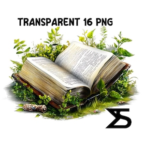 May include: An open antique book with yellowed pages lies on a bed of green foliage. The book is surrounded by lush greenery, creating a whimsical and magical scene.