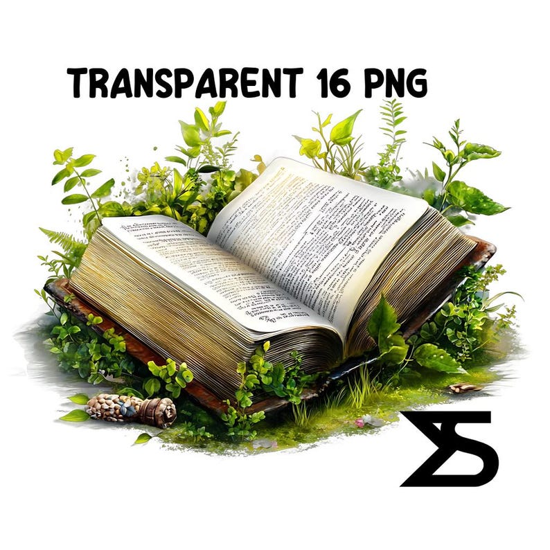 May include: An open antique book with yellowed pages lies on a bed of green foliage. The book is surrounded by lush greenery, creating a whimsical and magical scene.