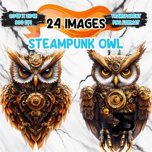 May include: Two steampunk owl illustrations featuring intricate gears and cogs, rendered in a realistic style with a golden and brown colour scheme. The owls have large, expressive eyes and detailed feathers.