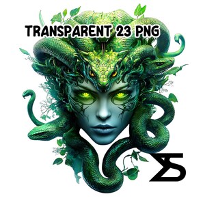 May include: A digital illustration of Medusa with green snakes for hair, green eyes, and a pale blue face. The image has the text "TRANSPARENT 23 PNG" at the top. The image is on a white background.