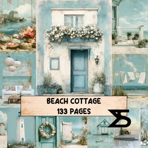 Könnte beinhalten: Eine digitale Collage von Küstenszenen mit einem Strandhaus mit blauer Tür, einem Leuchtturm, einer Veranda, Wäsche auf einer Leine und einem Hafenmarkt. Der Text lautet BEACH COTTAGE 133 PAGES. Die Farbpalette besteht aus sanften Blau-, Weiß- und Grüntönen.