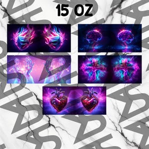 Puede incluir: Cuatro dise&ntilde;os diferentes para vasos de 440 ml. Cada dise&ntilde;o presenta una imagen brillante y de ne&oacute;n de un cerebro, manos, una cruz y un coraz&oacute;n. El fondo es de color morado oscuro con un patr&oacute;n de galaxia.
