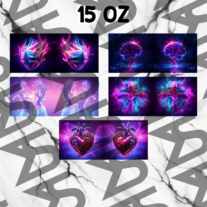 Puede incluir: Cuatro dise&ntilde;os diferentes para vasos de 440 ml. Cada dise&ntilde;o presenta una imagen brillante y de ne&oacute;n de un cerebro, manos, una cruz y un coraz&oacute;n. El fondo es de color morado oscuro con un patr&oacute;n de galaxia.