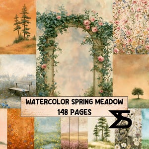 Akvarell våräng1 utskrivbart skräpjournalkit med akvarellblommor, vintage ephemera scrapbookingpapper, etiketter och dagbokskort