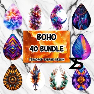 Peut inclure: Un ensemble de 10 designs de boucles d'oreilles en forme de goutte d'eau dans un style bohème. Les designs présentent divers motifs, notamment des plumes, des fleurs, des formes géométriques et des mandalas. Le texte "BOHO 40 BUNDLE TERADROP EARRING DESIGN" est visible sur l'image.