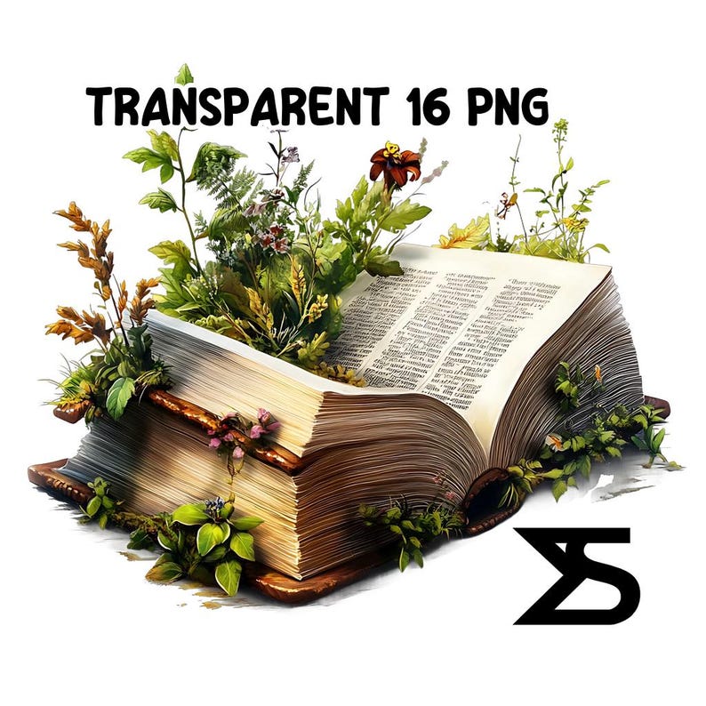 May include: An open book with pages filled with text, surrounded by lush green foliage and flowers. The book is lying on a white background.