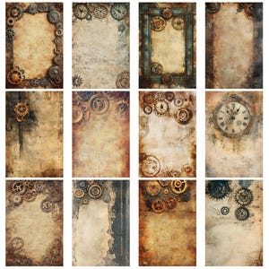 Op de afbeelding: Een verzameling van twaalf digitale papieren in steampunk-stijl. Elk papier heeft een vintage, verouderde achtergrond met ingewikkelde uurwerktandwielen en -raderen in tinten brons, koper en zilver. De papieren hebben een verweerde, getextureerde uitstraling.
