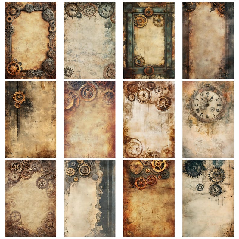 Op de afbeelding: Een verzameling van twaalf digitale papieren in steampunk-stijl. Elk papier heeft een vintage, verouderde achtergrond met ingewikkelde uurwerktandwielen en -raderen in tinten brons, koper en zilver. De papieren hebben een verweerde, getextureerde uitstraling.