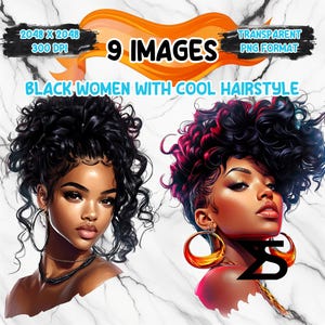 Imagen PNG de mujeres negras en acuarela con peinado genial sobre fondo transparente, pegatina digital/álbum de recortes, uso comercial.