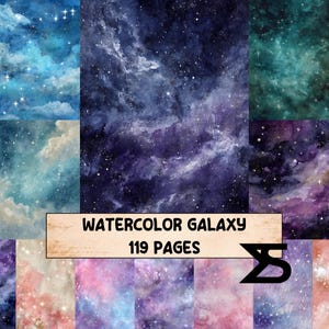 Könnte beinhalten: Eine Sammlung von Aquarell-Galaxie-Designs in Blau-, Lila- und Rosatönen. Das Bild enthält ein Banner mit dem Text "Watercolor Galaxy" und "119 Pages". Die Designs zeigen Sterne und Nebel.