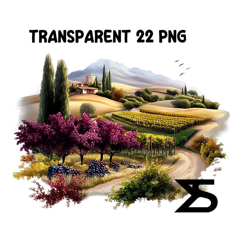 May include: A painting of a vineyard landscape with a winding dirt road leading to a small village in the distance. The vineyard is filled with rows of grapevines, and there are several trees in the foreground. The painting is done in a realistic style with vibrant colors.