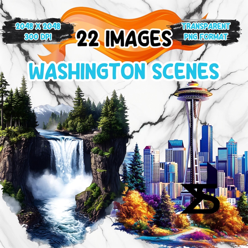 May include: 22 images of Washington state scenes, including a waterfall in a lush forest and the Seattle skyline with the Space Needle.