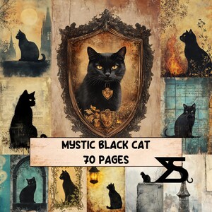May include: A collage featuring various illustrations of black cats in different poses and settings. The central image is a black cat in a decorative frame. The text "MYSTIC BLACK CAT 70 PAGES" is displayed at the bottom.