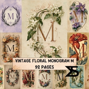 Könnte beinhalten: Eine Sammlung von 92 Seiten mit dem Buchstaben M in verschiedenen dekorativen Stilen, jeweils umgeben von unterschiedlichen Blumenarrangements wie Lavendel, weißem Jasmin, violetter Waldrebe und roten Mohnblumen auf gealtertem Papier mit Text.