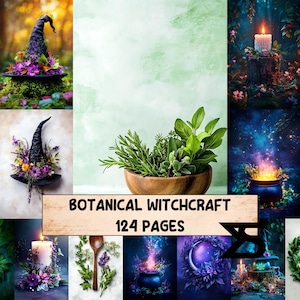 May include: A collage of images featuring witch hats adorned with flowers, a wooden bowl of herbs, and a cauldron with glowing embers. The text "BOTANICAL WITCHCRAFT 124 PAGES" is displayed on a banner.