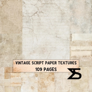 Könnte beinhalten: Eine Sammlung von Vintage-Schriftpapier-Texturen mit gealterten, beigen und cremefarbenen Pergamenthintergründen, handschriftlichem Kursivtext und Rissmustern. Ein rechteckiges Etikett zeigt den Text VINTAGE SCRIPT PAPER TEXTURES 109 PAGES.