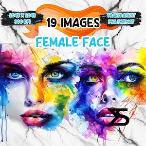 19 imágenes prediseñadas de rostro femenino en acuarela, imágenes prediseñadas de rostro femenino PNG, paquete de imágenes prediseñadas, uso comercial, descarga digital, descarga instantánea