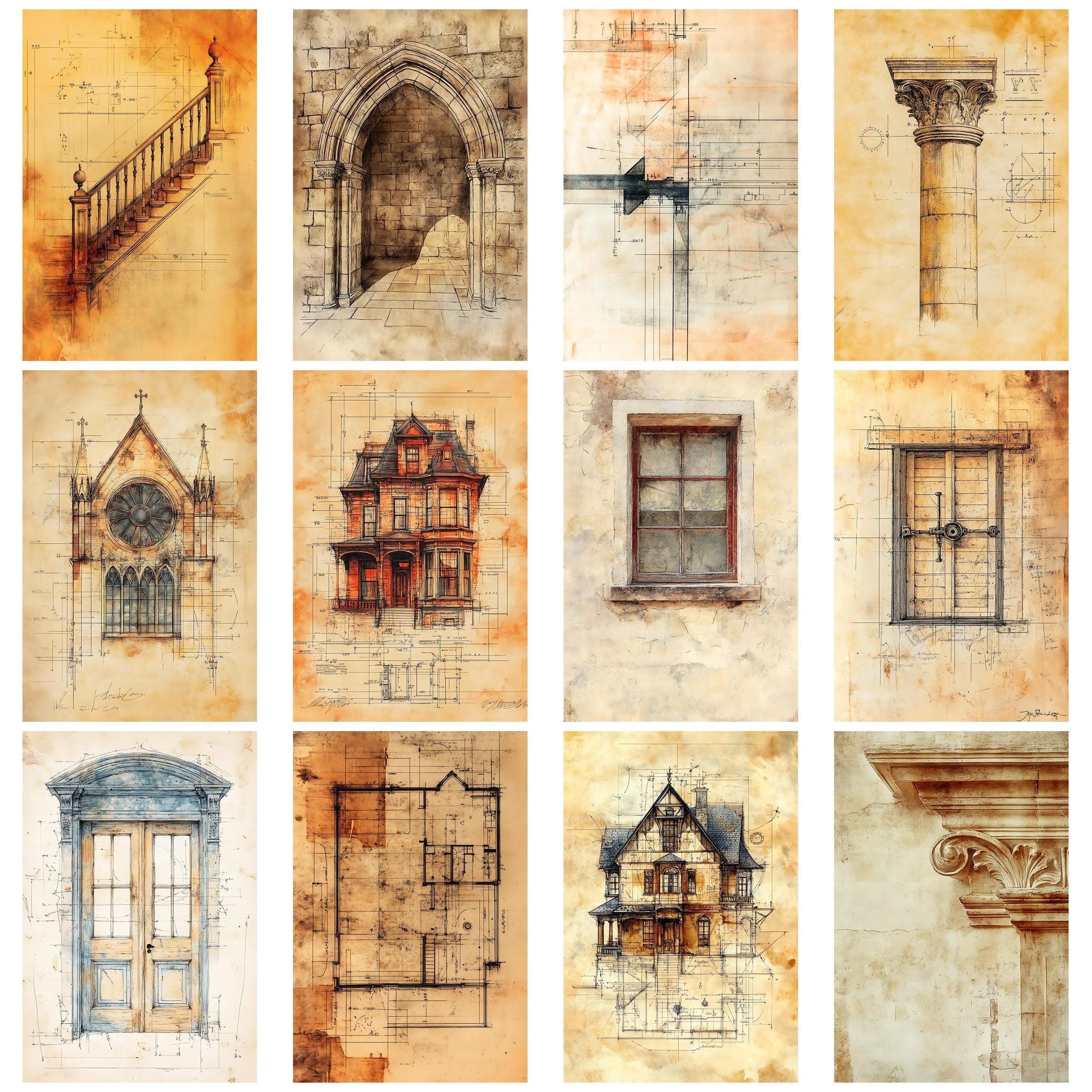 Photo Collage Example Technical Drafting Architectural Drafting Plans Vintage Blueprint Junk Journal Ephemera ...