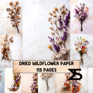 May include: Image featuring dried wildflowers in shades of purple, orange, and white. The composition includes several bouquets and sprigs of dried flowers, with the text "DRIED WILDFLOWER PAPER 113 PAGES".