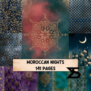 May include: A digital collage of patterned backgrounds featuring gold filigree, geometric star motifs, and a night scene with a crescent moon and domes. A central rectangular label displays the text MOROCCAN NIGHTS 141 PAGES in black font.