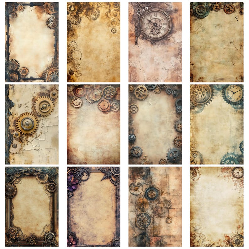 Op de afbeelding: Een verzameling van twaalf digitale achtergronden in steampunk-stijl. Elk ontwerp heeft een perkamentachtige textuur met sierlijke tandwielen, klokken en mechanische elementen in tinten brons, koper en sepia. Sommige achtergronden bevatten decoratieve frames en bloemmotieven.