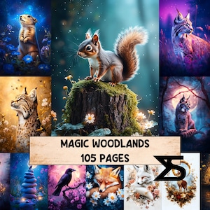 May include: A selection of digital art prints showcasing woodland creatures and scenes. The images include a squirrel, lynx, fox, and other animals in a fantasy setting. The text "MAGIC WOODLANDS 105 PAGES" is displayed on a banner.
