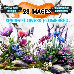 Könnte beinhalten: Eine digitale Illustration eines lebendigen Blumenbeets mit Frühlingsblumen in Lila, Rosa, Blau und Weiß. Das Bild enthält den Text "28 IMAGES" und "SPRING FLOWERS FLOWERBED". Der Hintergrund hat eine Marmorstruktur.