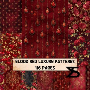 May include: A collection of blood red luxury patterns with gold accents. The image features various designs, including floral, ornate, and jewel-like patterns. Text on the image reads "BLOOD RED LUXURY PATTERNS 116 PAGES".