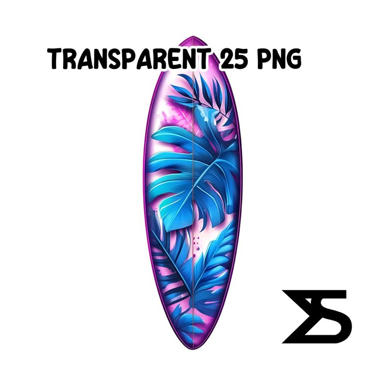 Puede incluir: Una tabla de surf con un dise&ntilde;o vibrante que presenta hojas tropicales azules sobre un fondo rosa y morado. La tabla tiene un contorno morado y el texto "TRANSPARENT 25 PNG" est&aacute; en la parte superior.
