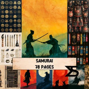 May include: A collage featuring samurai-themed illustrations. The central image depicts two silhouetted figures in a sword fight against an orange and green backdrop. The text "SAMURAI 78 PAGES" is displayed on a banner. Additional elements include samurai armor, flags, and Japanese art.