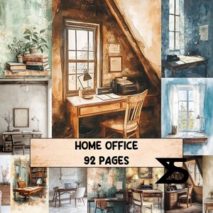 May include: Watercolor illustrations of home office scenes. The images feature desks, chairs, windows, and lamps in various settings. The text "HOME OFFICE 92 PAGES" is displayed across the bottom of the image.