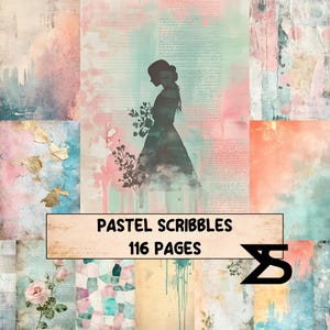 May include: A collection of pastel-toned papers with watercolour textures, featuring a silhouette of a woman holding flowers. The text "PASTEL SCRIBBLES" and "116 PAGES" is displayed on a rectangular banner.