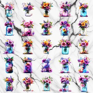 May include: A white marble background with 25 mason jars filled with colorful flowers. The jars are arranged in a grid pattern. The flowers are a variety of colors, including pink, purple, yellow, and blue.