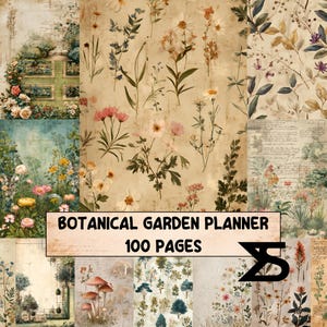 Può includere: Una raccolta di pagine di pianificazione a tema botanico con illustrazioni floreali e vegetali. Le pagine presentano una varietà di fiori e fogliame in colori tenui, con un'estetica vintage. Il testo sull'immagine recita "Botanical Garden Planner 100 Pages."