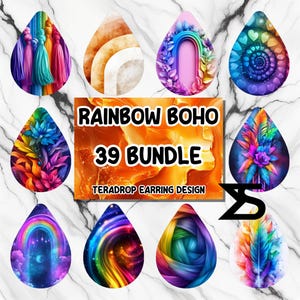 May include: Nine teardrop-shaped earring designs with bright, colourful patterns. Designs include rainbow tassels, floral arrangements, and abstract swirls. The text "RAINBOW BOHO 39 BUNDLE" is displayed in the centre.