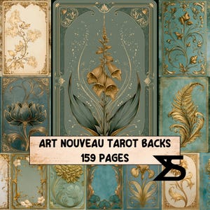 May include: A collection of rectangular tarot card backs featuring botanical illustrations in gold and teal tones. The cards display various floral and leaf motifs with ornate borders. A central banner reads ART NOUVEAU TAROT BACKS 159 PAGES.