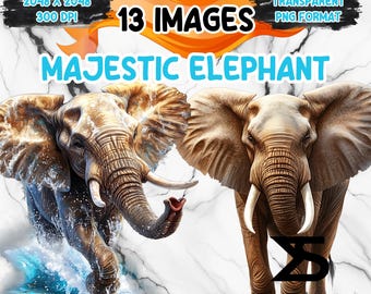 Imagen PNG de elefante majestuoso en acuarela, paquete de imágenes prediseñadas de elefante, uso comercial, descarga digital, descarga instantánea