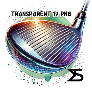 Puede incluir: Primer plano de una cabeza de palo de golf plateada brillante con un fondo de acuarela. La cabeza del palo tiene una superficie texturizada y un ligero brillo arco&iacute;ris. El fondo es una acuarela verde claro con salpicaduras blancas.