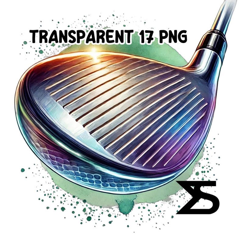 Puede incluir: Primer plano de una cabeza de palo de golf plateada brillante con un fondo de acuarela. La cabeza del palo tiene una superficie texturizada y un ligero brillo arco&iacute;ris. El fondo es una acuarela verde claro con salpicaduras blancas.