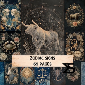 May include: A collection of zodiac illustrations, featuring a central image of a bull. The text "ZODIAC SIGNS 69 PAGES" is displayed on a banner. The surrounding images showcase other zodiac symbols and floral designs, all in a vintage style.