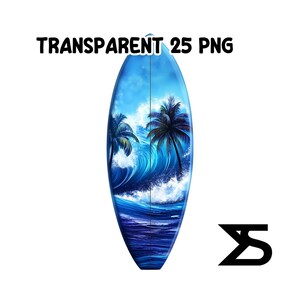 Puede incluir: Una tabla de surf con una vibrante escena oce&aacute;nica con palmeras y olas. La tabla est&aacute; pintada en tonos azules y blancos, con el texto "TRANSPARENT 25 PNG" en la parte superior. Un logotipo negro est&aacute; en la esquina inferior derecha.