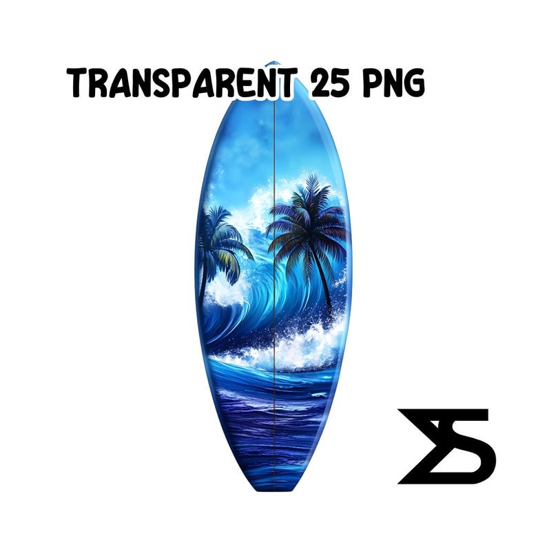 Puede incluir: Una tabla de surf con una vibrante escena oce&aacute;nica con palmeras y olas. La tabla est&aacute; pintada en tonos azules y blancos, con el texto "TRANSPARENT 25 PNG" en la parte superior. Un logotipo negro est&aacute; en la esquina inferior derecha.