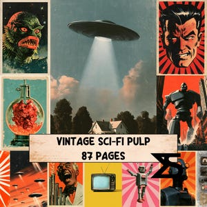 May include: A collection of vintage science fiction pulp art featuring a central flying saucer over a house, surrounded by panels of a creature, a brain in a jar, a robot, a television, and a man, with the text VINTAGE SCI-FI PULP 87 PAGES.