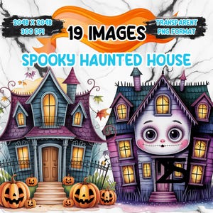Könnte beinhalten: Digitale Illustration von zwei Cartoon-Geisterhäusern in Blau und Lila mit leuchtenden Fenstern. Das Bild enthält Kürbisse und den Text "Spooky Haunted House" und "19 Images".