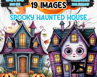 Op de afbeelding: Digitale illustratie van twee cartoon spookhuizen in blauw en paars, met oplichtende ramen. De afbeelding bevat pompoenen en de tekst "Spooky Haunted House" en "19 Images".