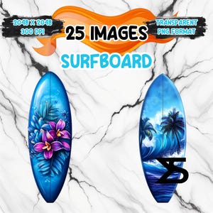 Puede incluir: Dos tablas de surf azules con dise&ntilde;os vibrantes. Una presenta flores moradas y rosas con follaje azul, la otra representa una escena oce&aacute;nica tropical con palmeras y olas. El texto "25 IMAGES SURFBOARD" est&aacute; incluido.