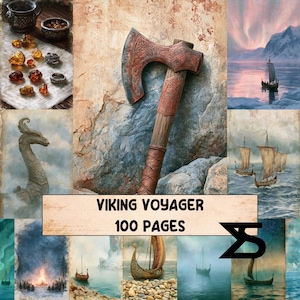 May include: A collage of Viking-themed imagery featuring a central ornate axe, various sailing ships on water, a dragon head carving, and amber stones. The text VIKING VOYAGER 100 PAGES is centered on a light tan banner with a black geometric logo.