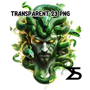 May include: A digital illustration of a man with snakes for hair, in shades of green and white. The man has glowing yellow eyes and a beard. The text "TRANSPARENT 23 PNG" is at the top. A stylized "ZS" logo is at the bottom.